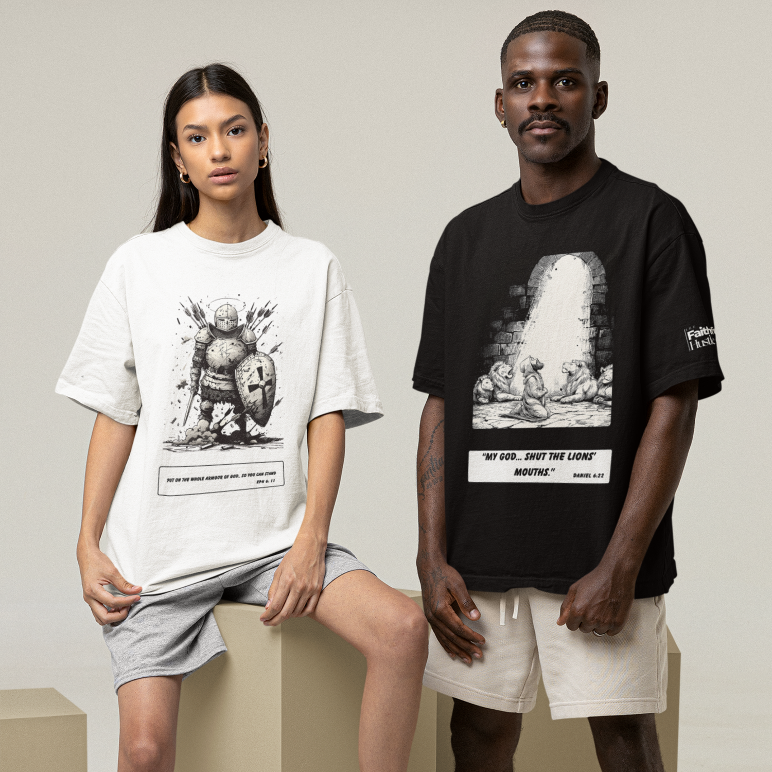 Models wearing black-and-white ink panel Christian tees with ESV captions.