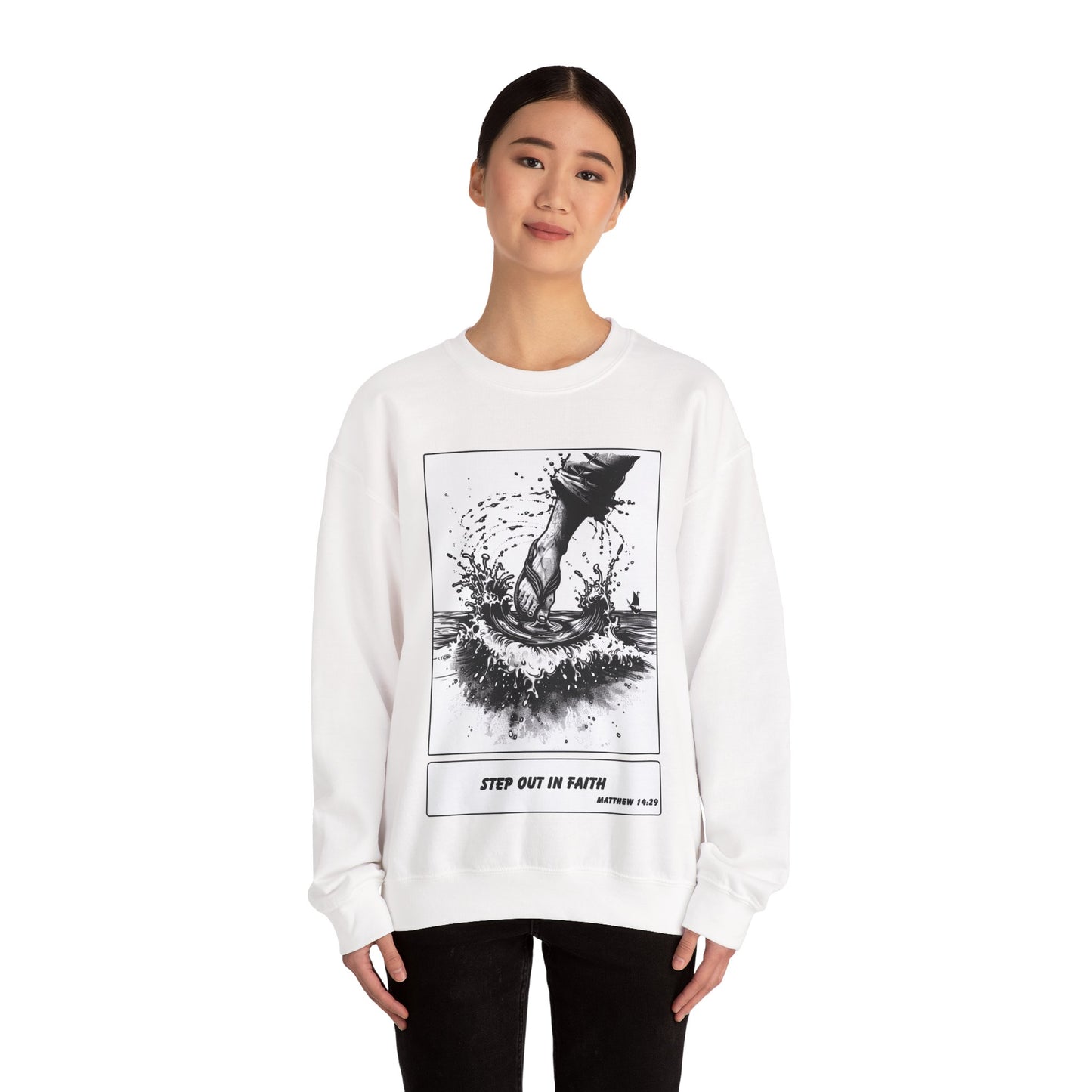 Walking on Water Sweater – Black & White Faith Ink Panel (Matt 14:29)