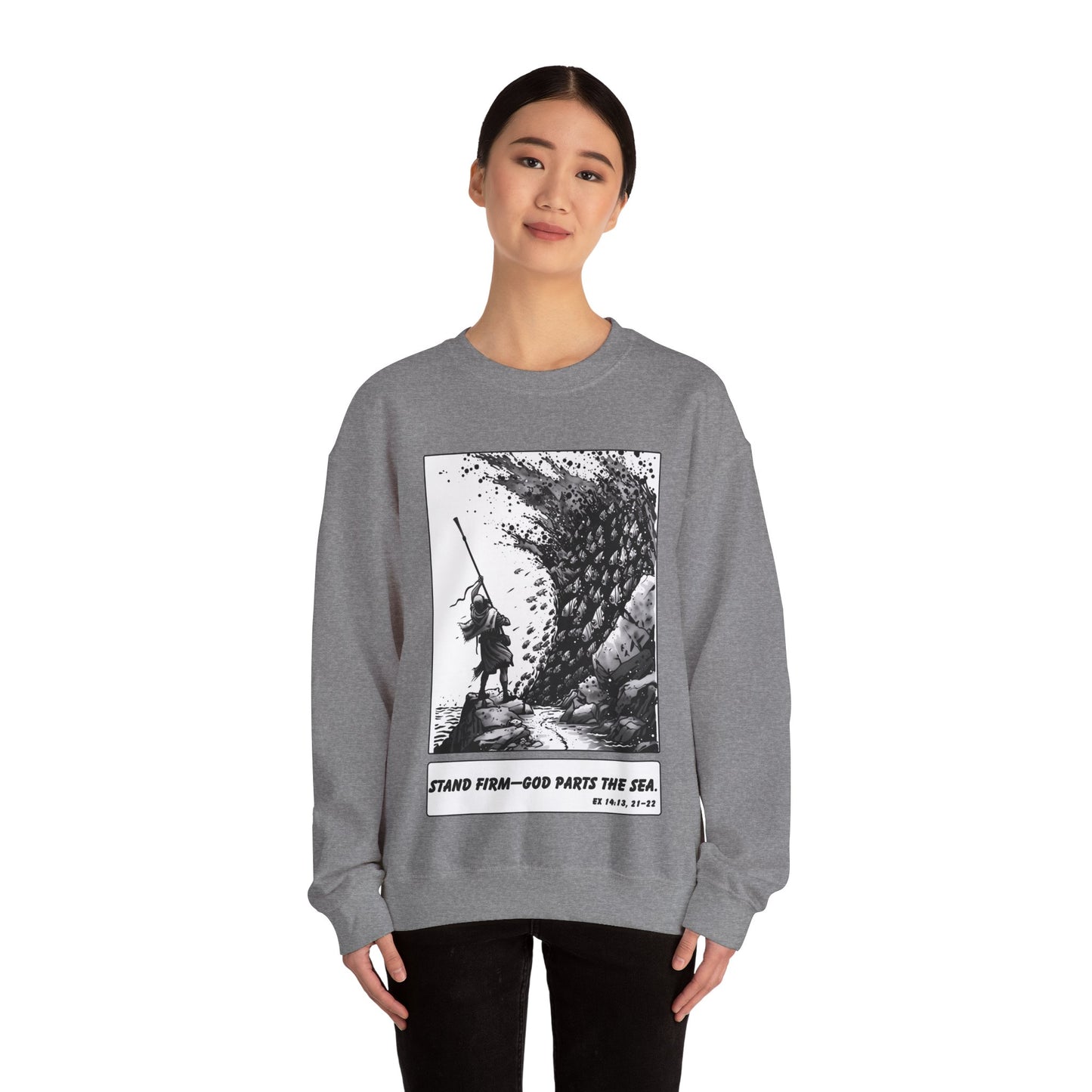 Red Sea (Staff Raised) Sweater – Black & White Faith Ink Panel (Ex 14:14)