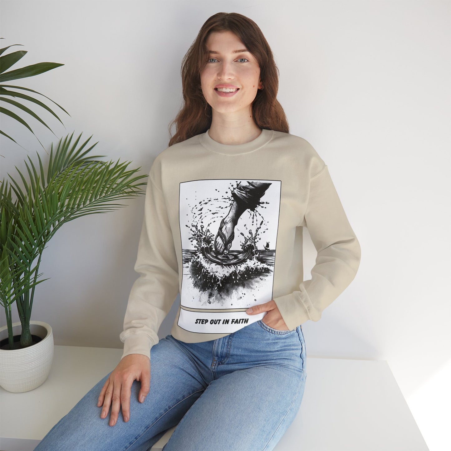 Walking on Water Sweater – Black & White Faith Ink Panel (Matt 14:29)