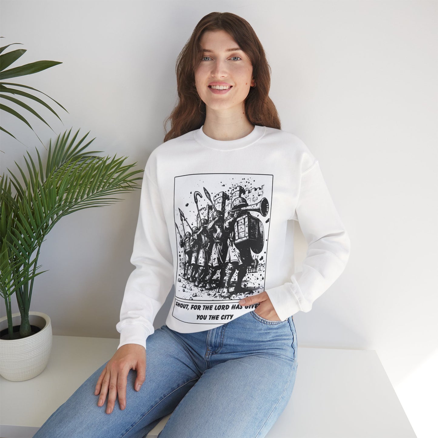 Jericho Sweater – Black & White Faith Ink Panel (Josh 6:16)