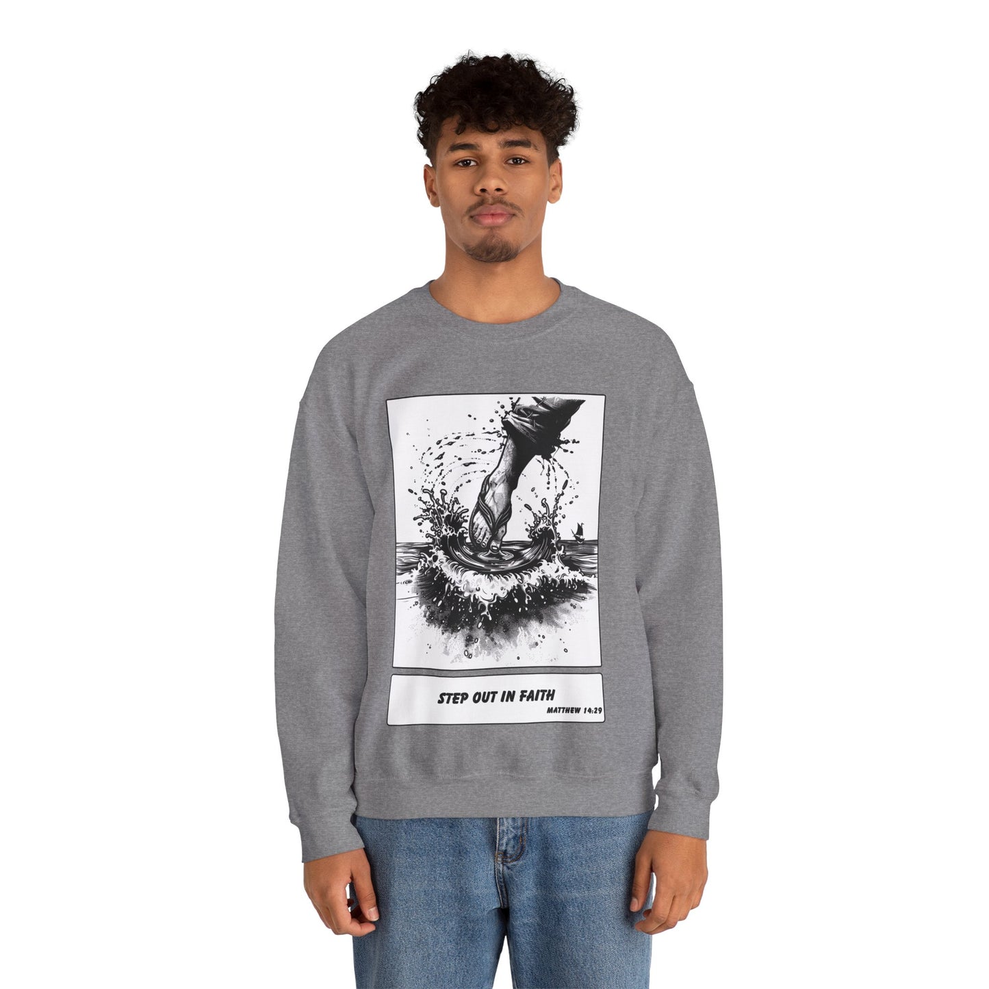 Walking on Water Sweater – Black & White Faith Ink Panel (Matt 14:29)