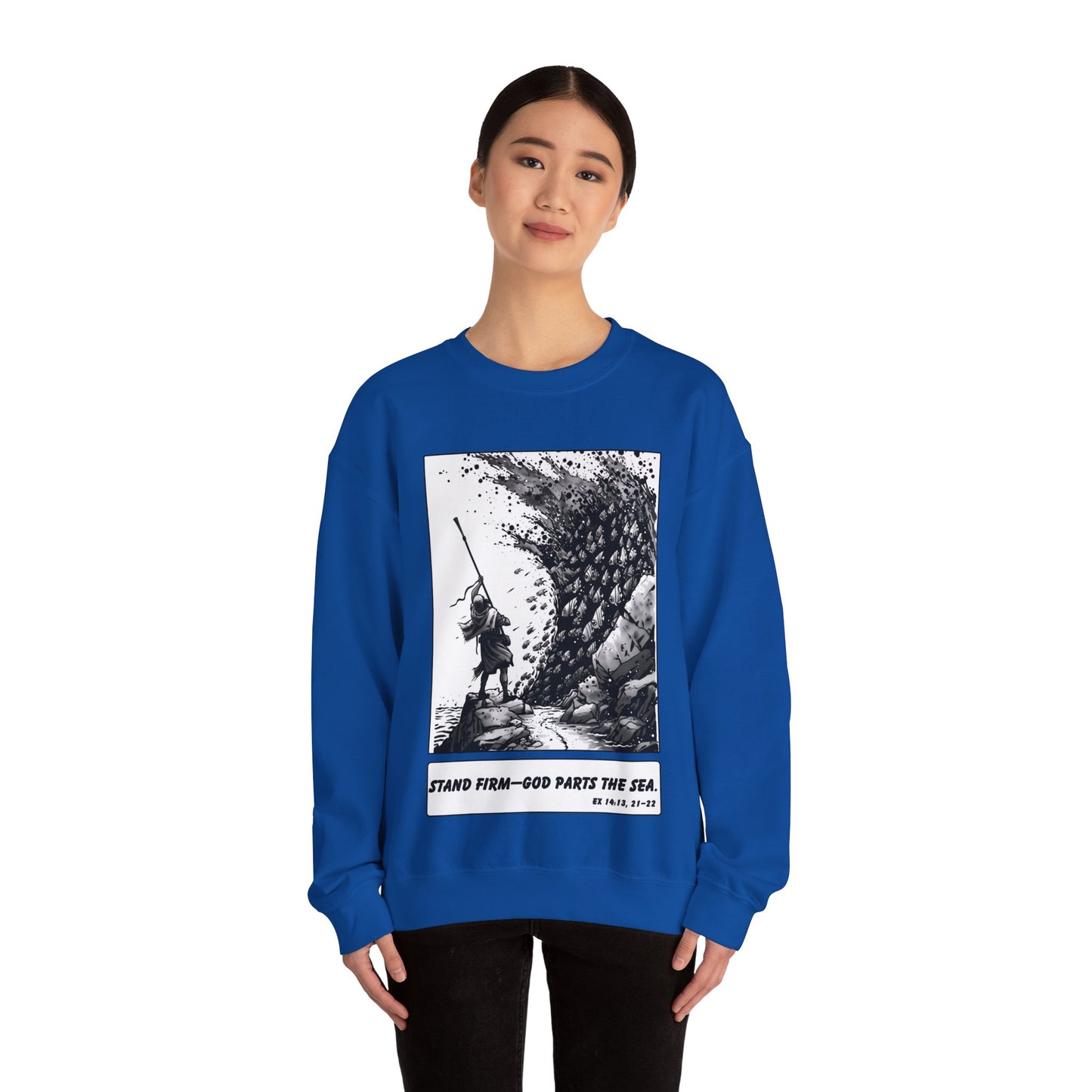 Red Sea (Staff Raised) Sweater – Black & White Faith Ink Panel (Ex 14:14)
