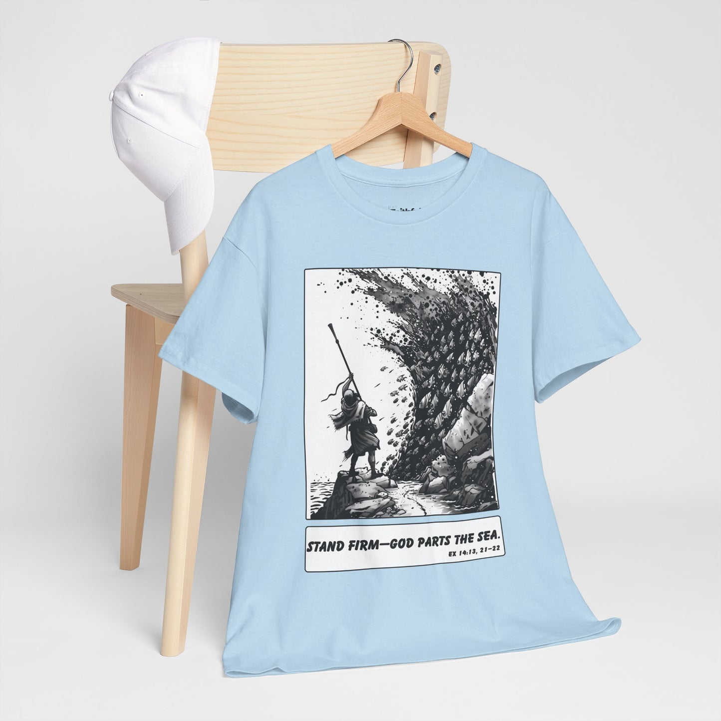 Moses & The Red Sea Staff Raised Tee – Black & White Faith Ink Panel (Ex 14:14)
