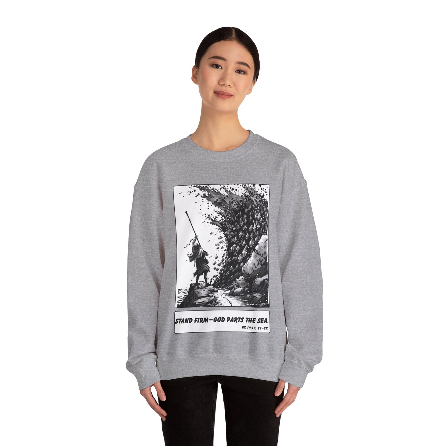 Red Sea (Staff Raised) Sweater – Black & White Faith Ink Panel (Ex 14:14)