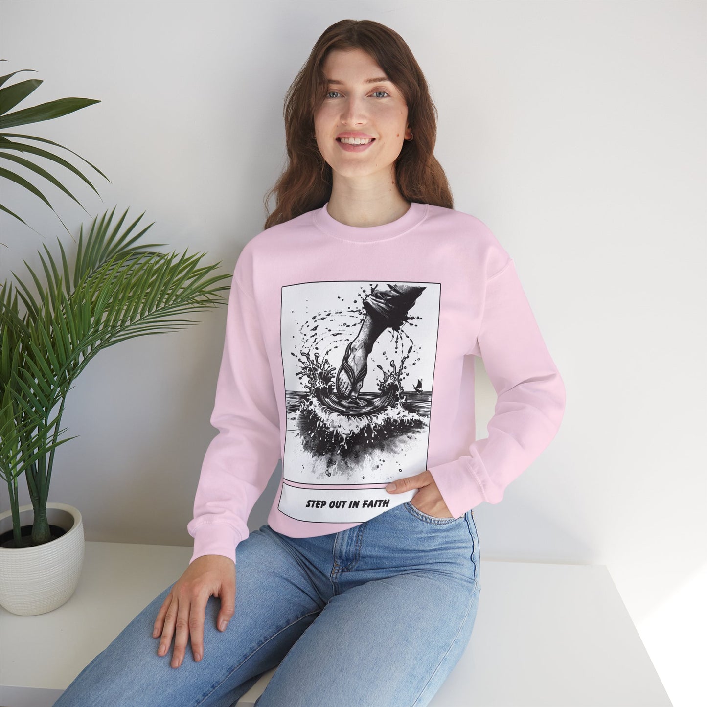 Walking on Water Sweater – Black & White Faith Ink Panel (Matt 14:29)