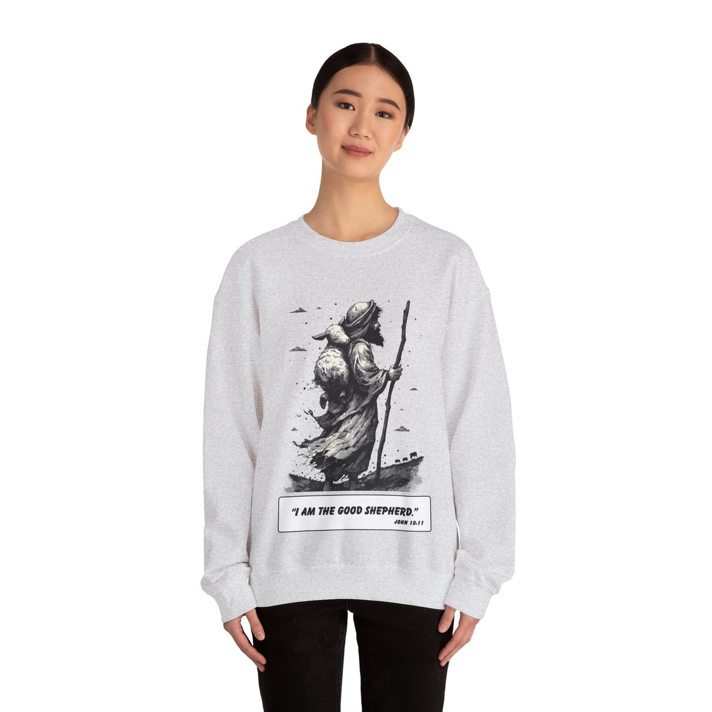 Good Shepherd Sweater – Black & White Faith Ink Panel (John 10:11)