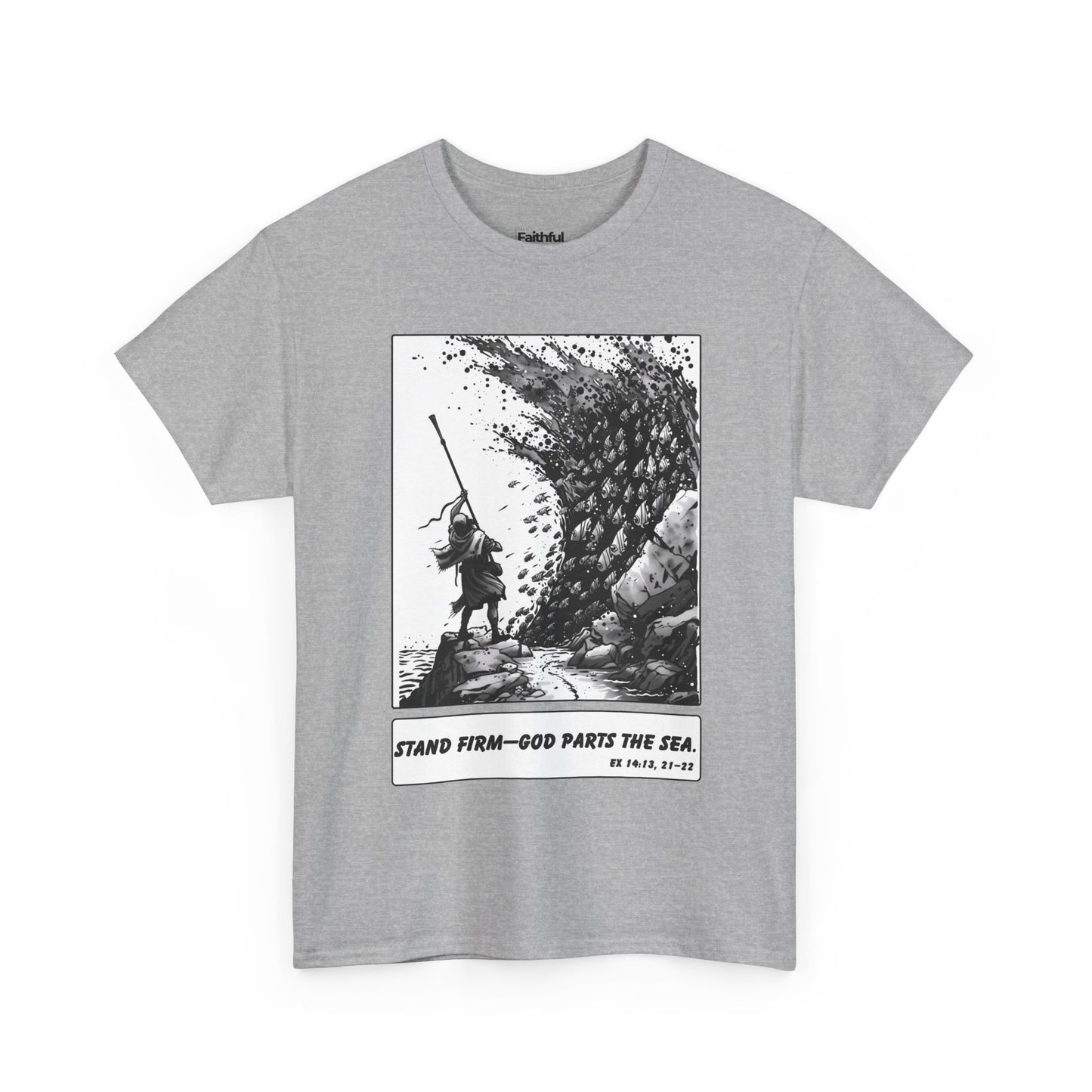 Moses & The Red Sea Staff Raised Tee – Black & White Faith Ink Panel (Ex 14:14)