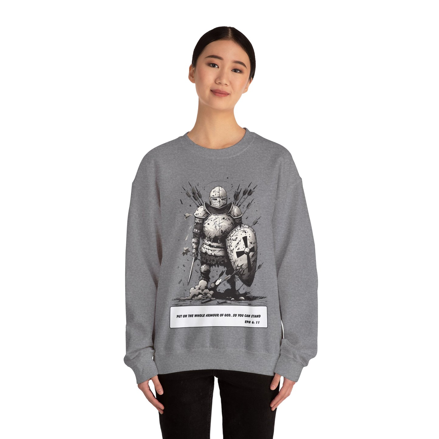 Whole Armor of God Sweater – Black & White Faith Ink Panel (Eph 6:11)
