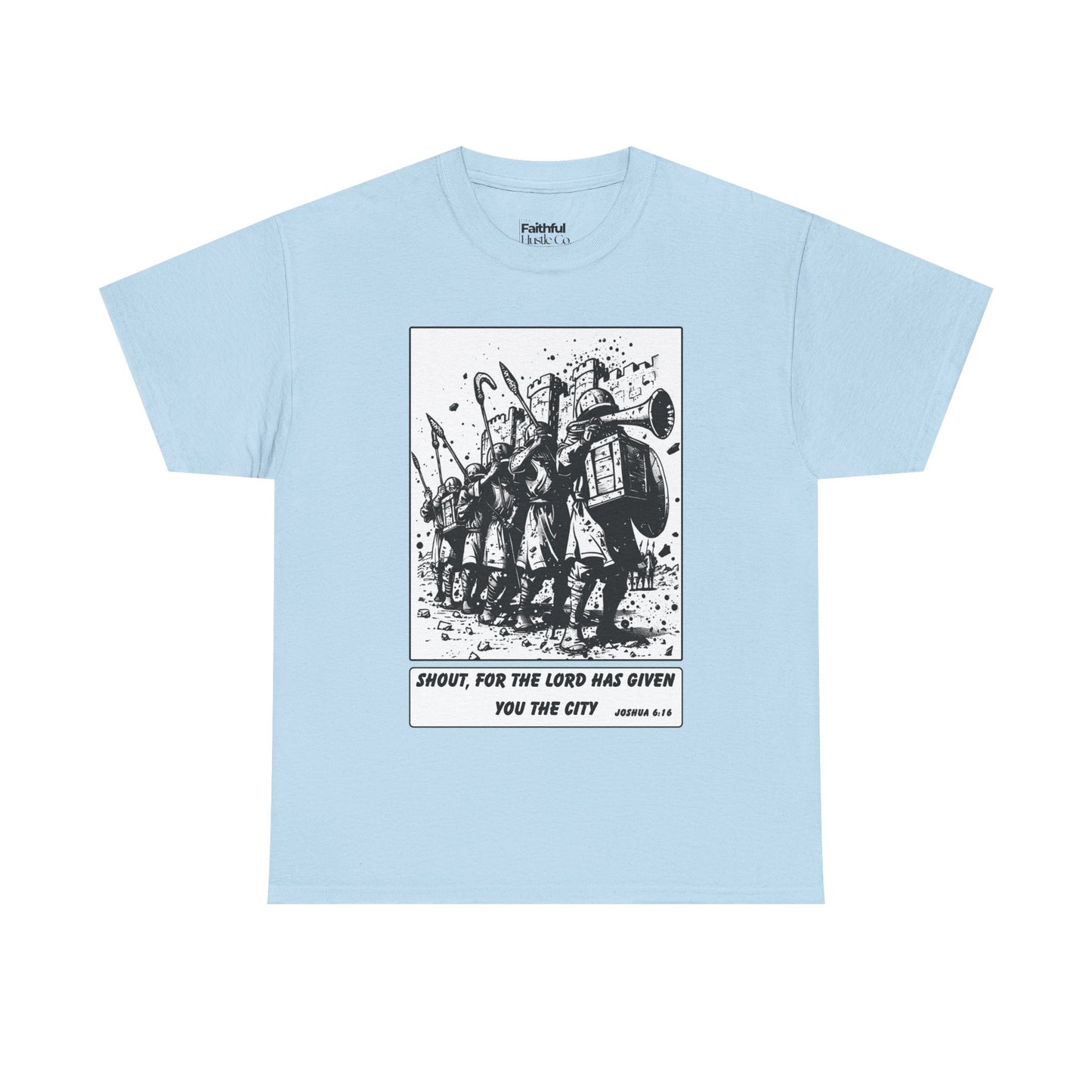 Jericho Trumpets T-Shirt – Black & White Faith Ink Panel (Josh 6:16)