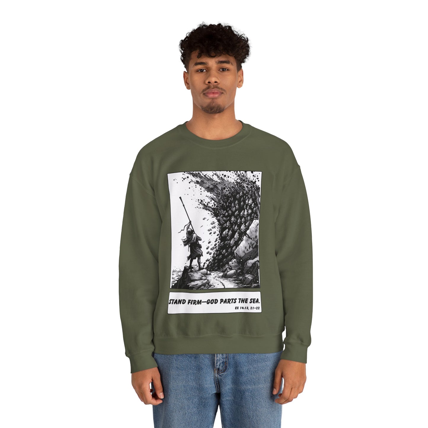 Red Sea (Staff Raised) Sweater – Black & White Faith Ink Panel (Ex 14:14)