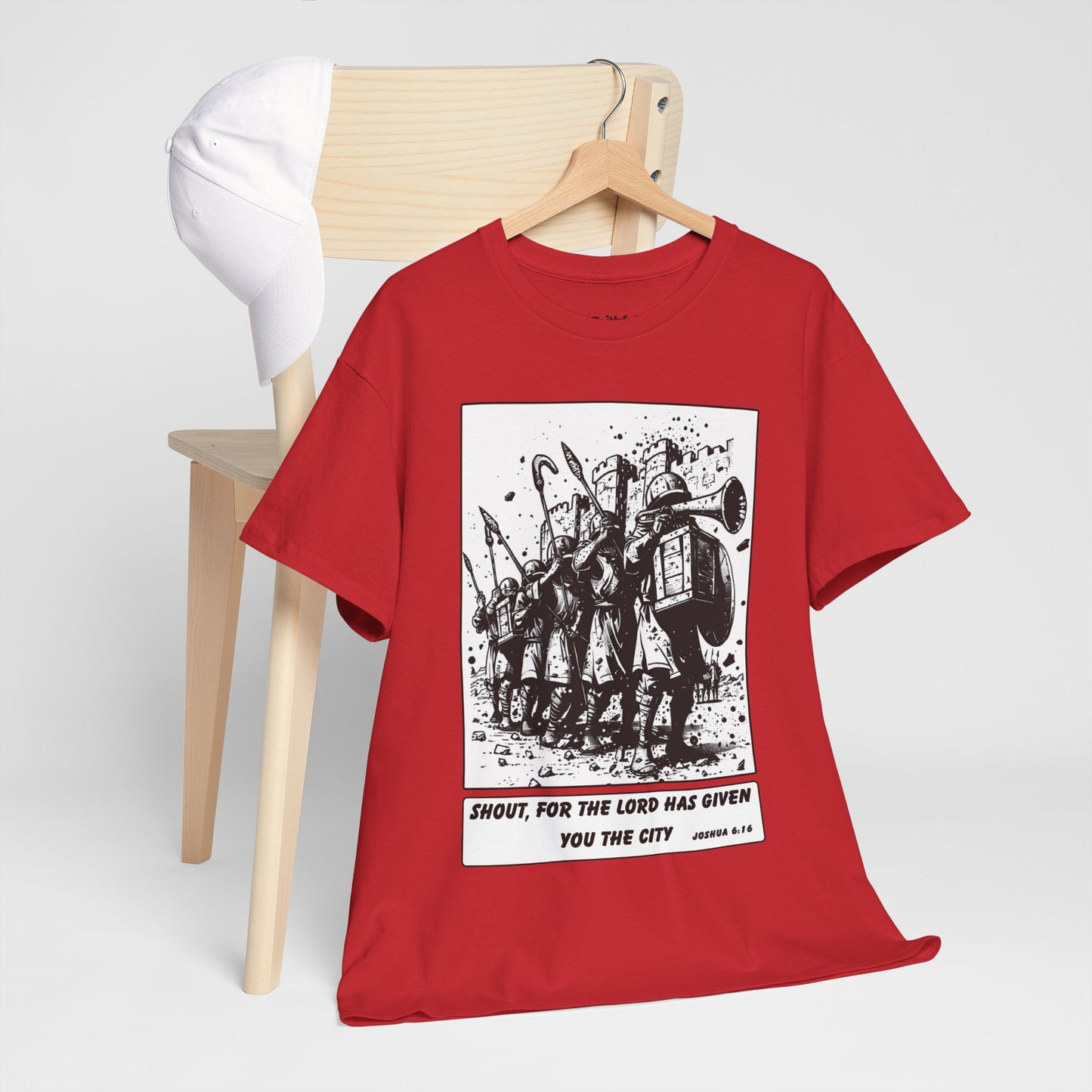 Jericho Trumpets T-Shirt – Black & White Faith Ink Panel (Josh 6:16)