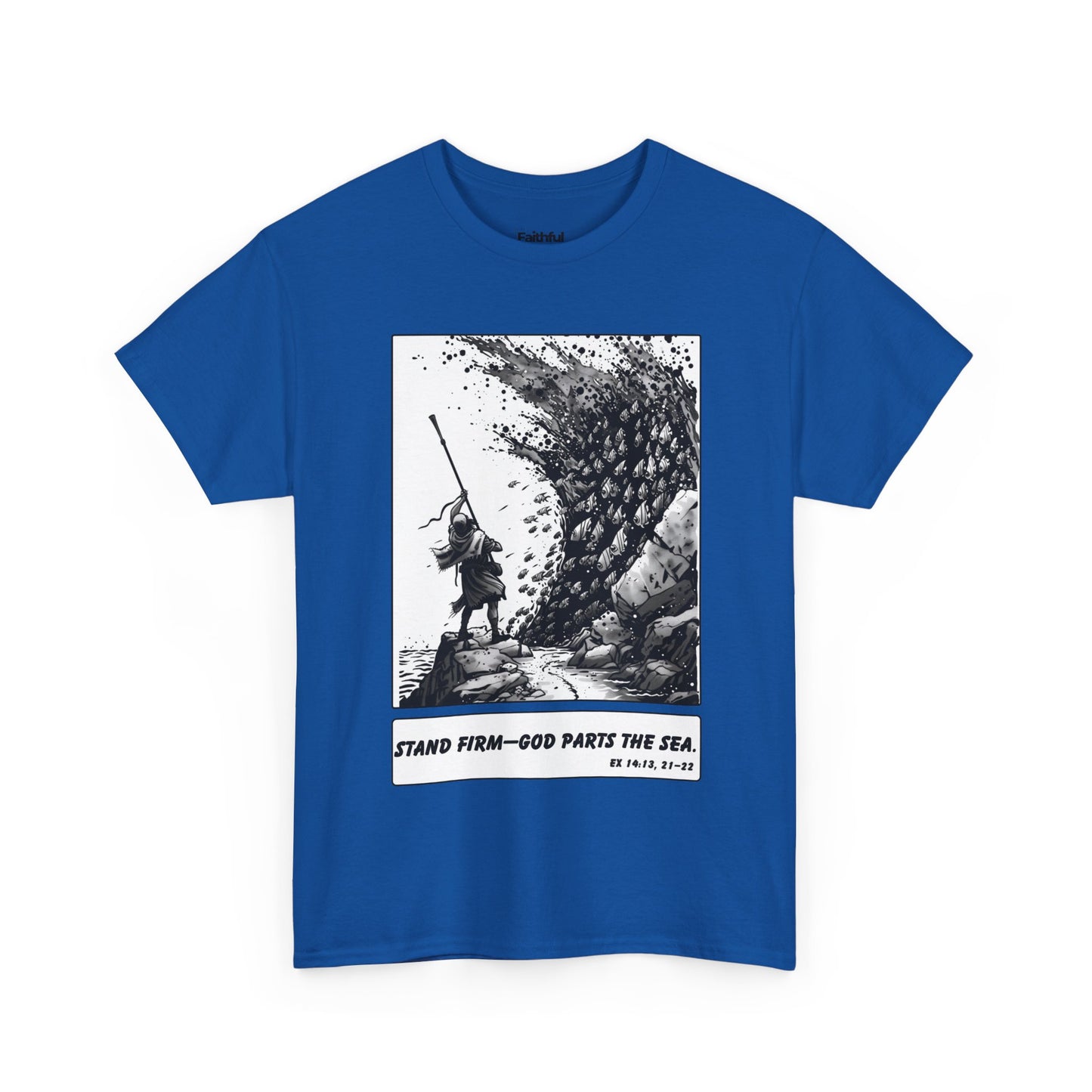 Moses & The Red Sea Staff Raised Tee – Black & White Faith Ink Panel (Ex 14:14)