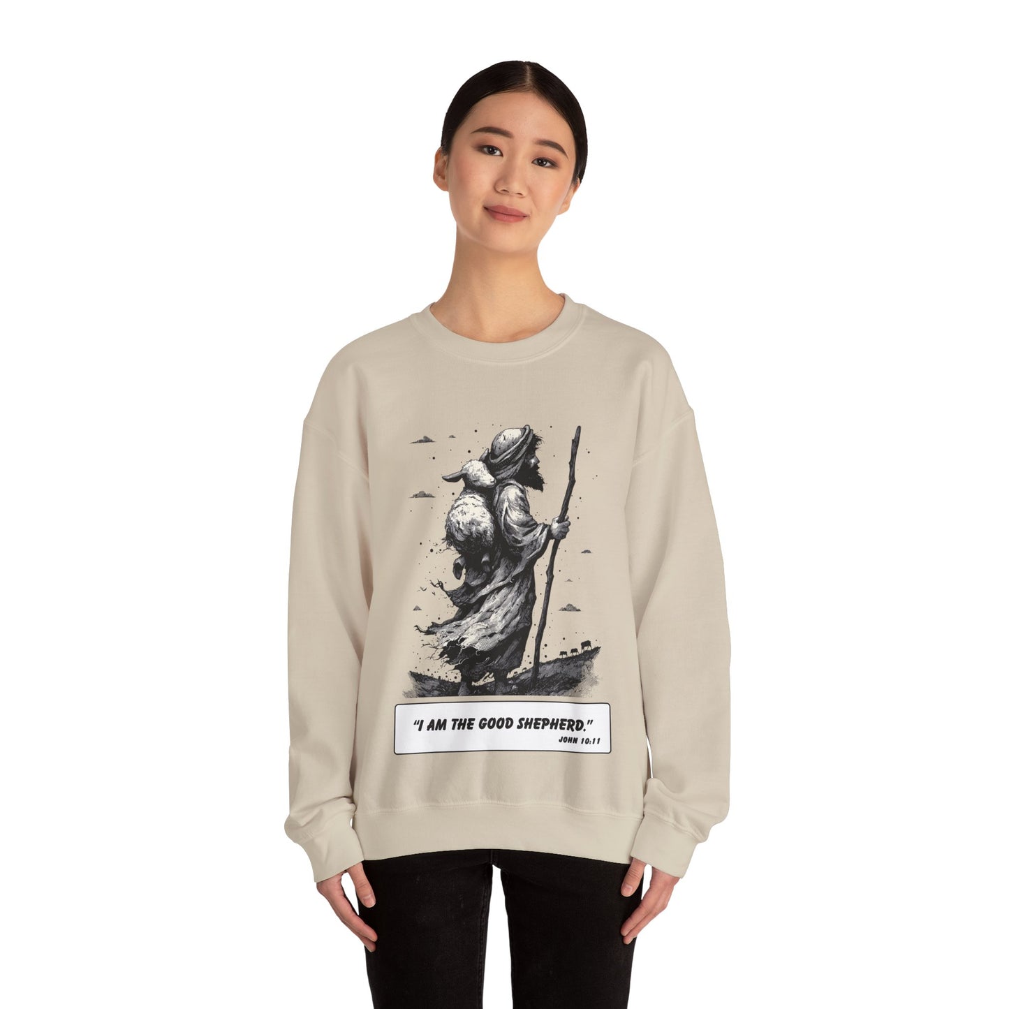 Good Shepherd Sweater – Black & White Faith Ink Panel (John 10:11)