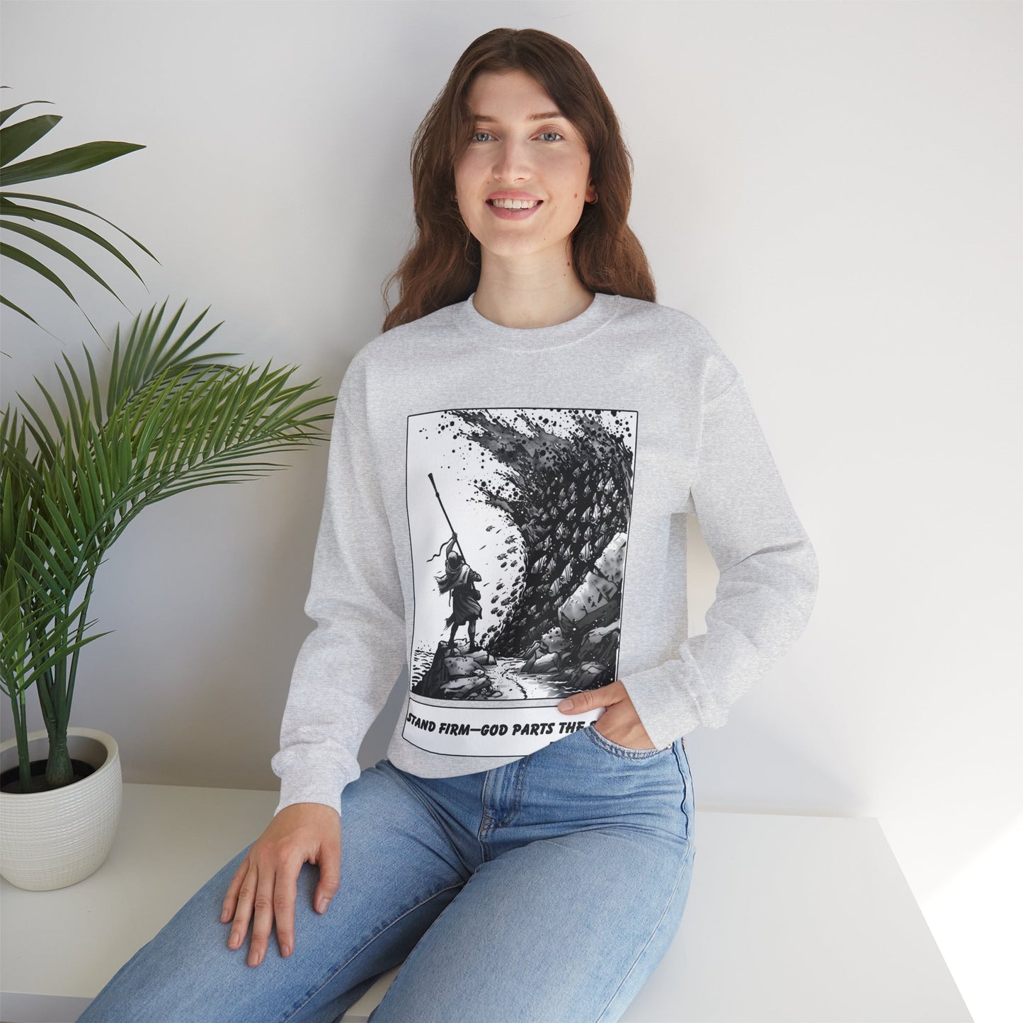 Red Sea (Staff Raised) Sweater – Black & White Faith Ink Panel (Ex 14:14)