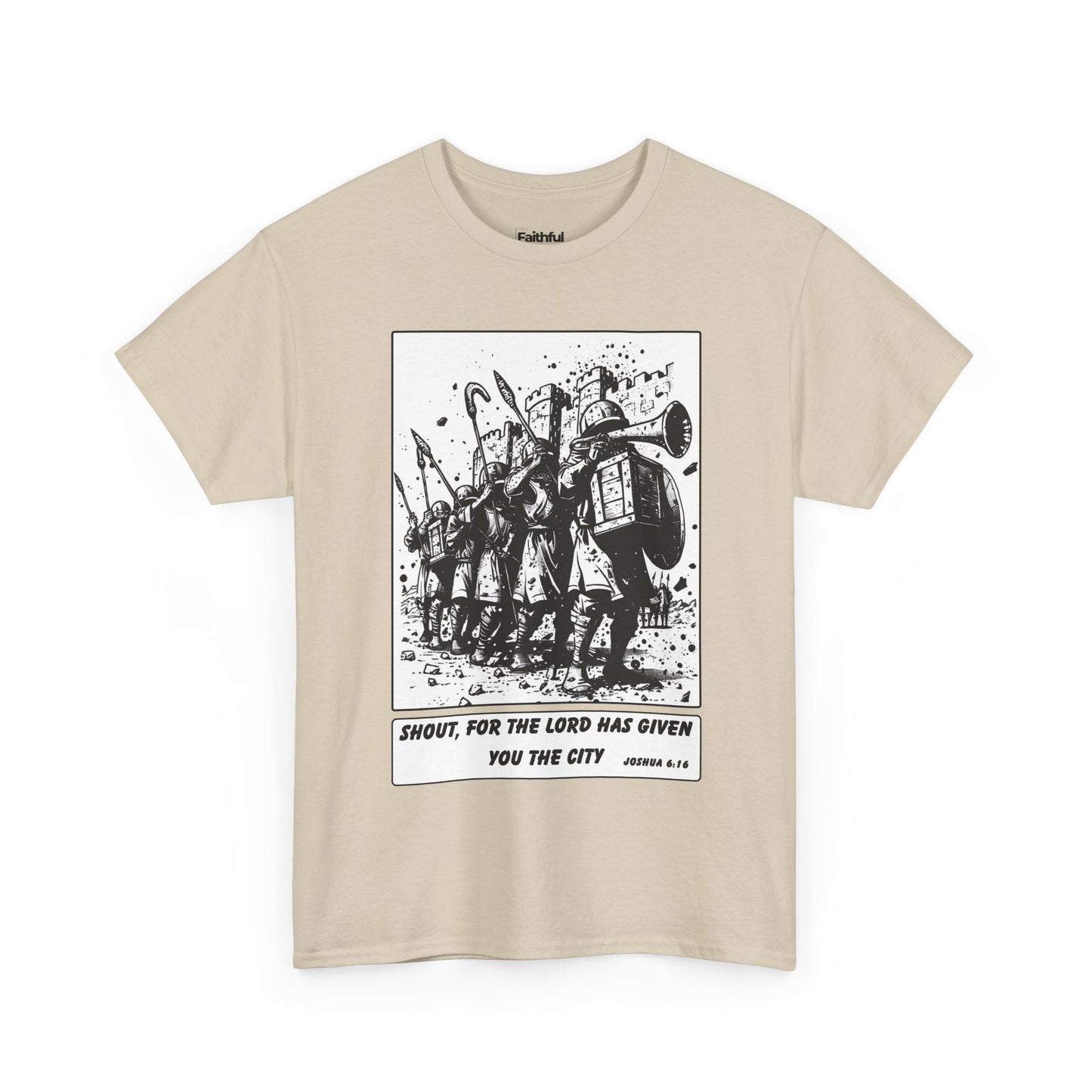 Jericho Trumpets T-Shirt – Black & White Faith Ink Panel (Josh 6:16)