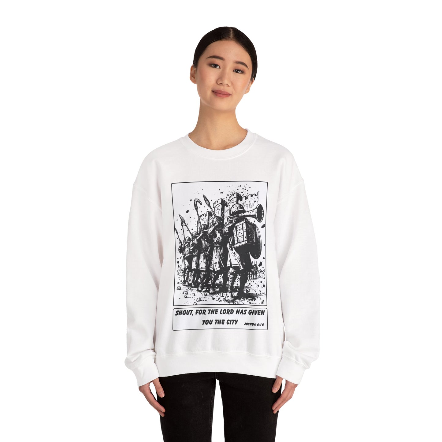 Jericho Sweater – Black & White Faith Ink Panel (Josh 6:16)