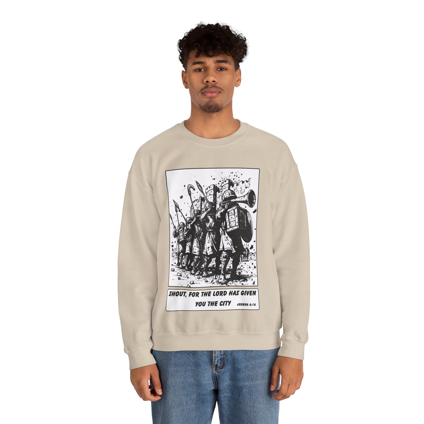 Jericho Sweater – Black & White Faith Ink Panel (Josh 6:16)