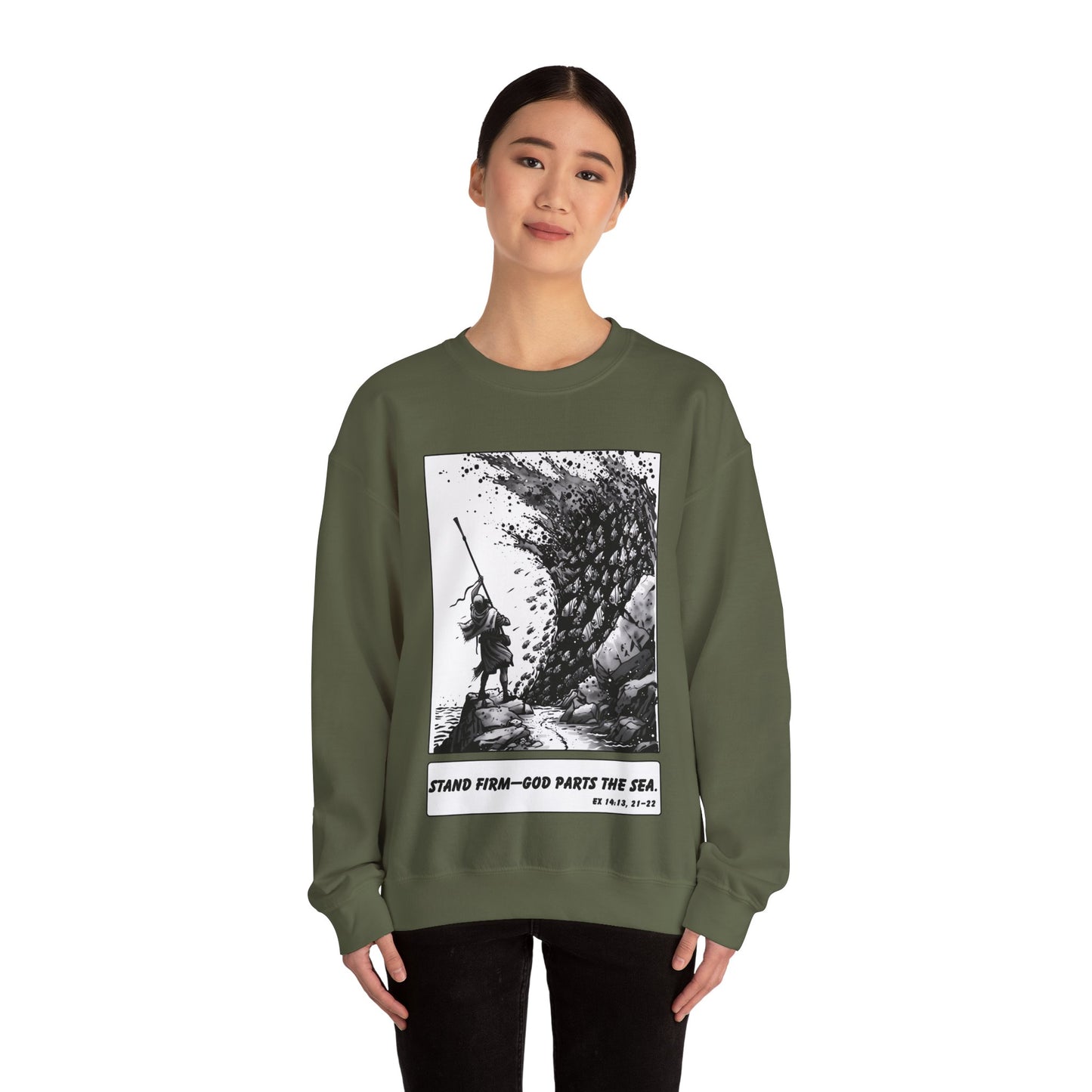 Red Sea (Staff Raised) Sweater – Black & White Faith Ink Panel (Ex 14:14)