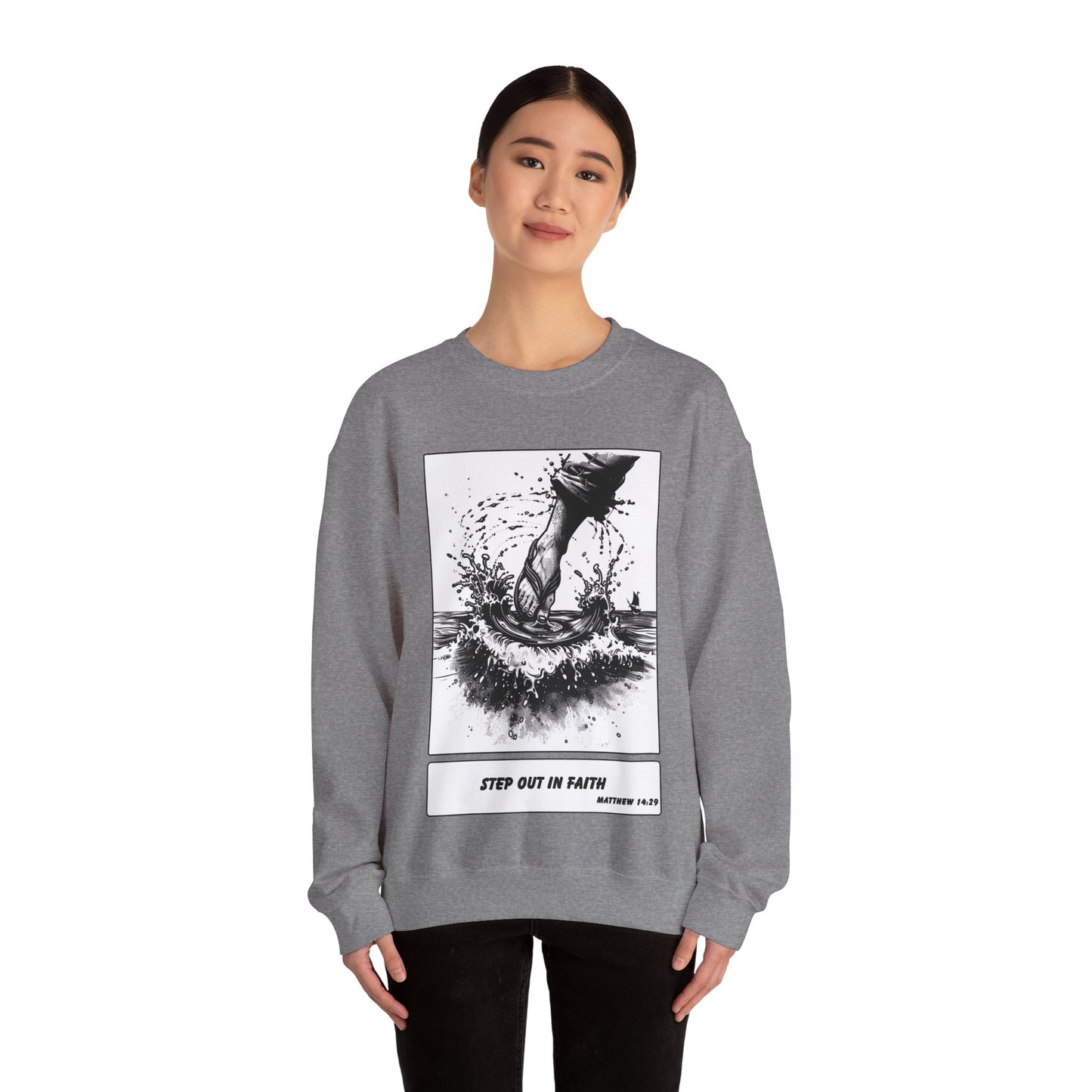 Walking on Water Sweater – Black & White Faith Ink Panel (Matt 14:29)