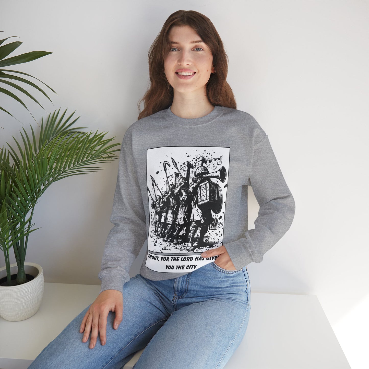 Jericho Sweater – Black & White Faith Ink Panel (Josh 6:16)