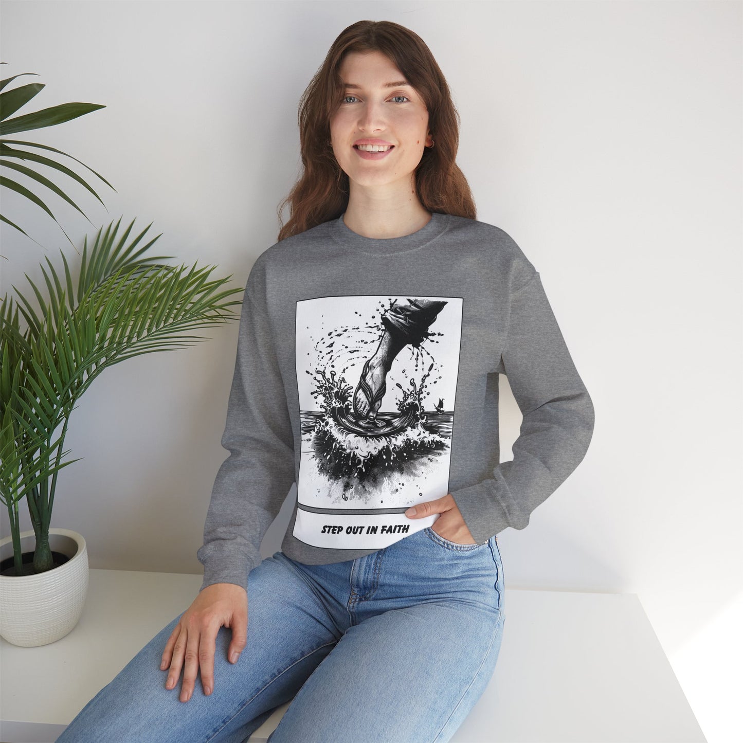 Walking on Water Sweater – Black & White Faith Ink Panel (Matt 14:29)