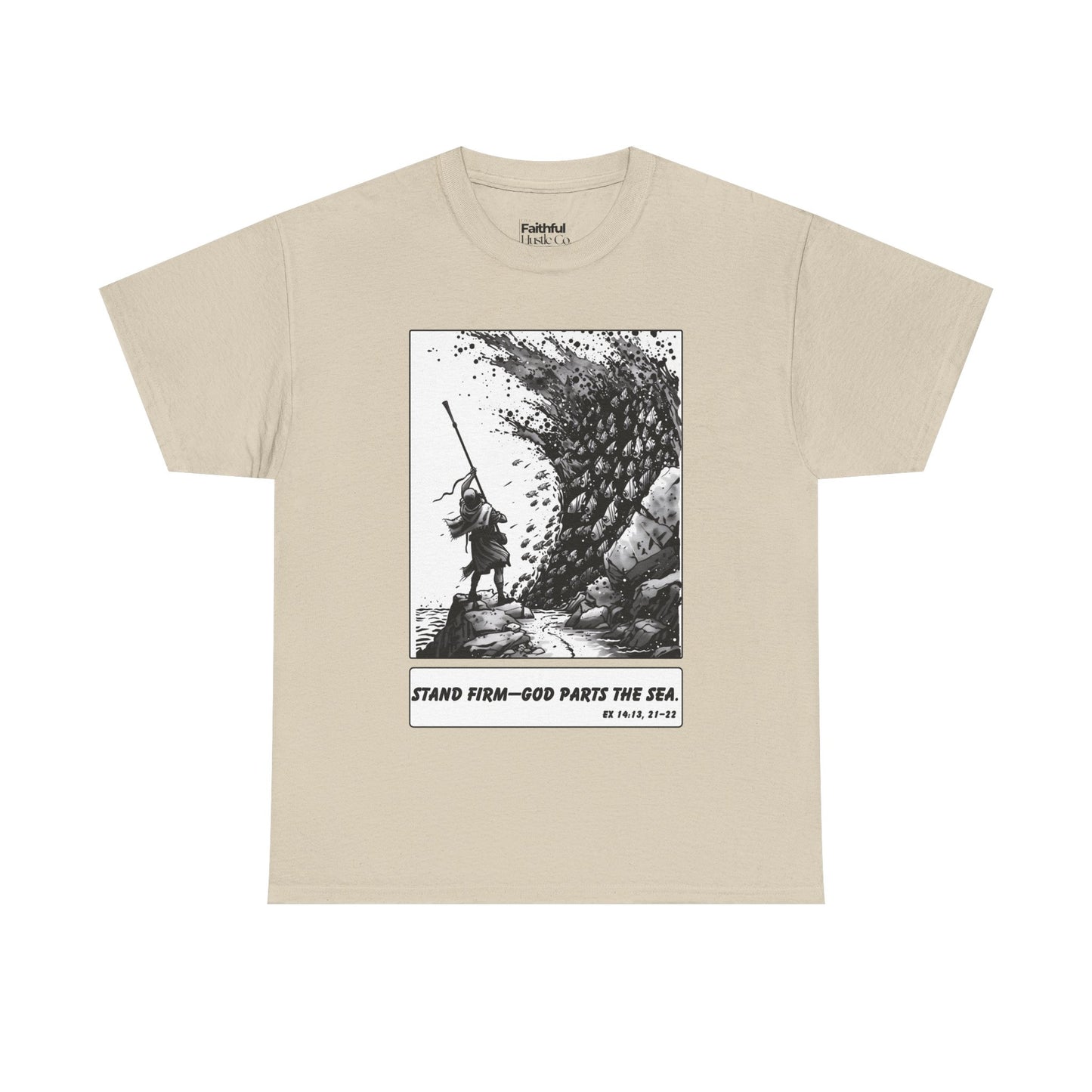 Moses & The Red Sea Staff Raised Tee – Black & White Faith Ink Panel (Ex 14:14)