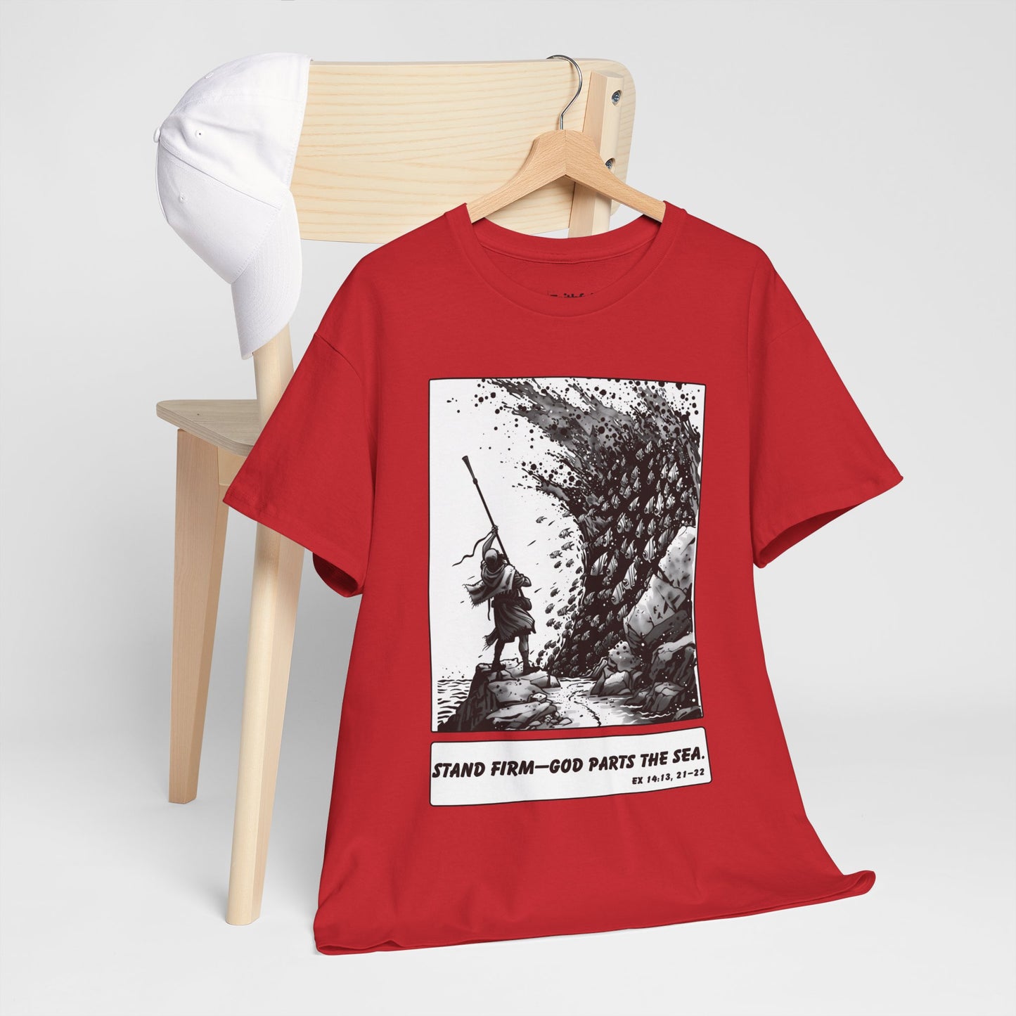 Moses & The Red Sea Staff Raised Tee – Black & White Faith Ink Panel (Ex 14:14)