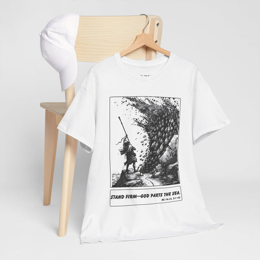 Moses & The Red Sea Staff Raised Tee – Black & White Faith Ink Panel (Ex 14:14)