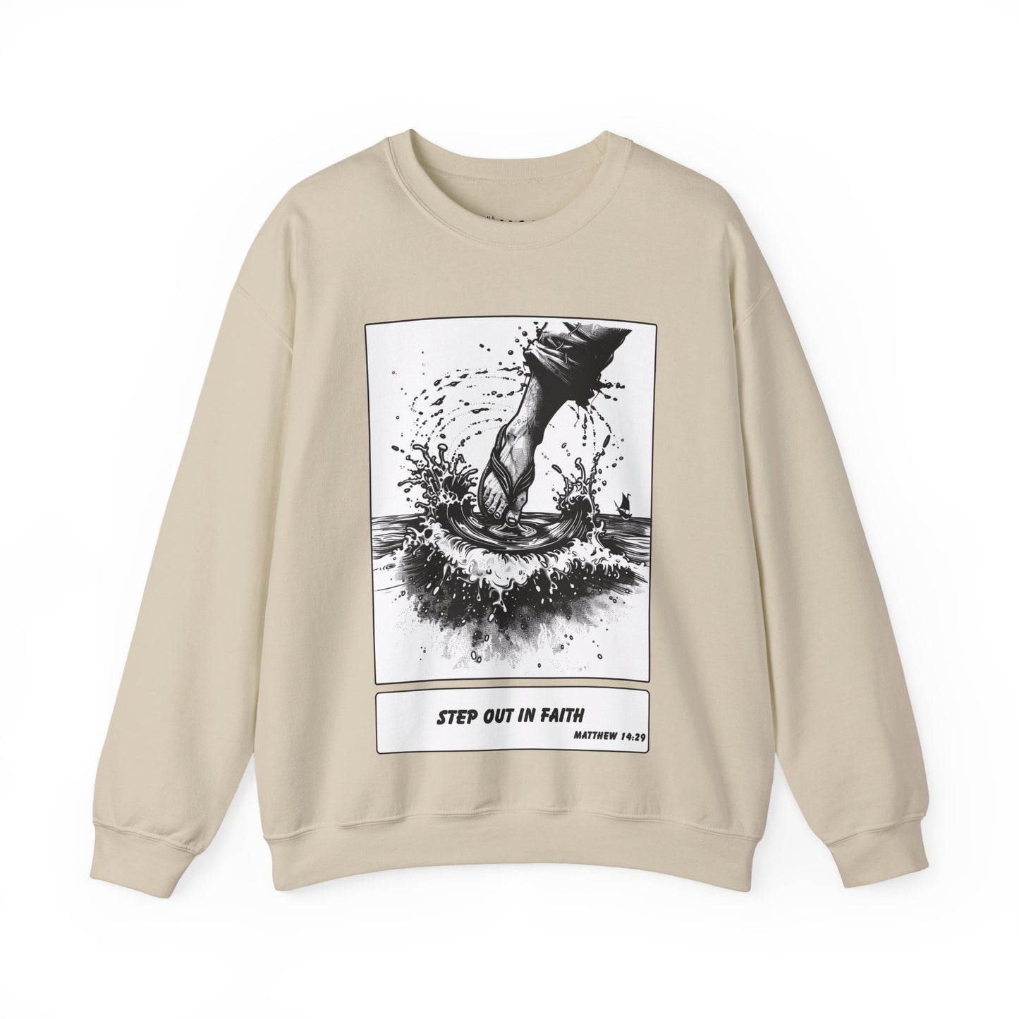 Walking on Water Sweater – Black & White Faith Ink Panel (Matt 14:29)