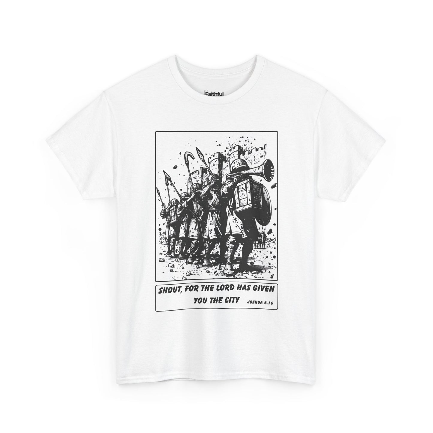 Jericho Trumpets T-Shirt – Black & White Faith Ink Panel (Josh 6:16)