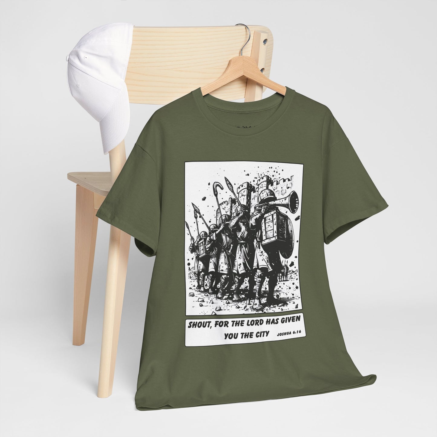 Jericho Trumpets T-Shirt – Black & White Faith Ink Panel (Josh 6:16)