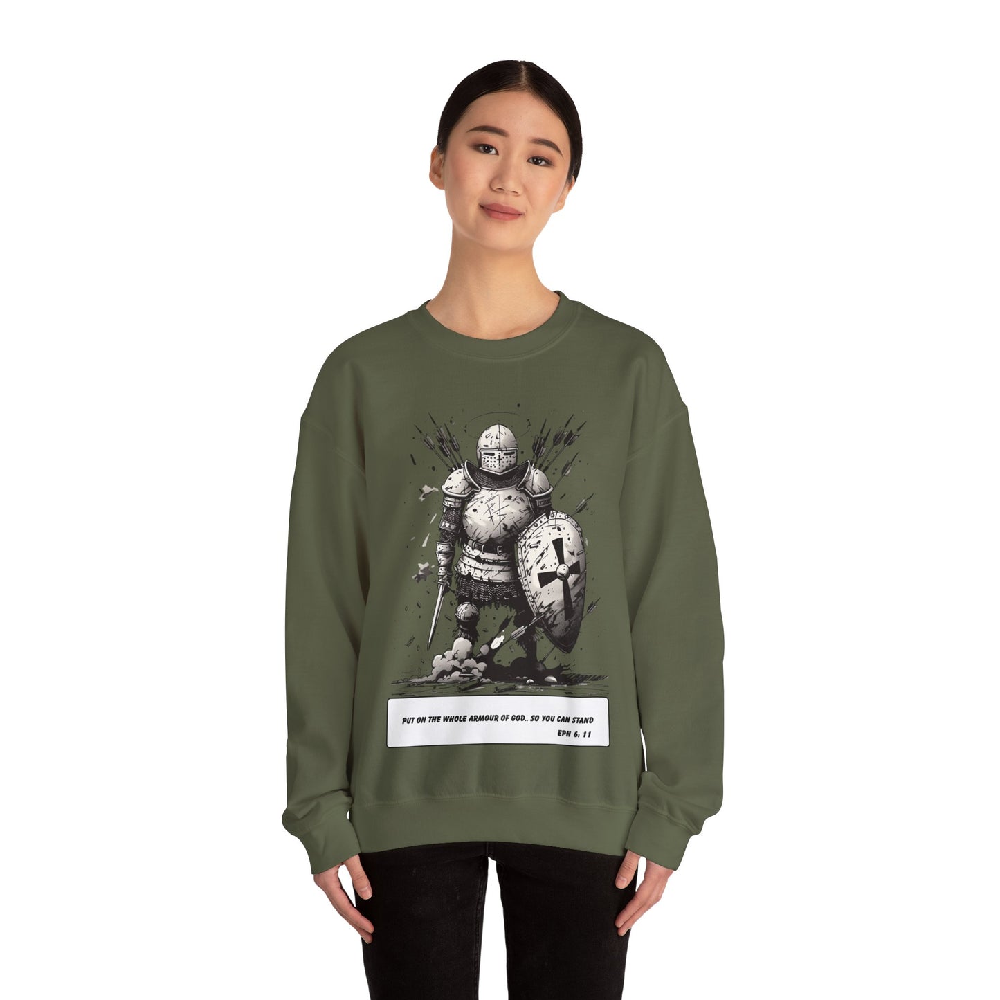Whole Armor of God Sweater – Black & White Faith Ink Panel (Eph 6:11)