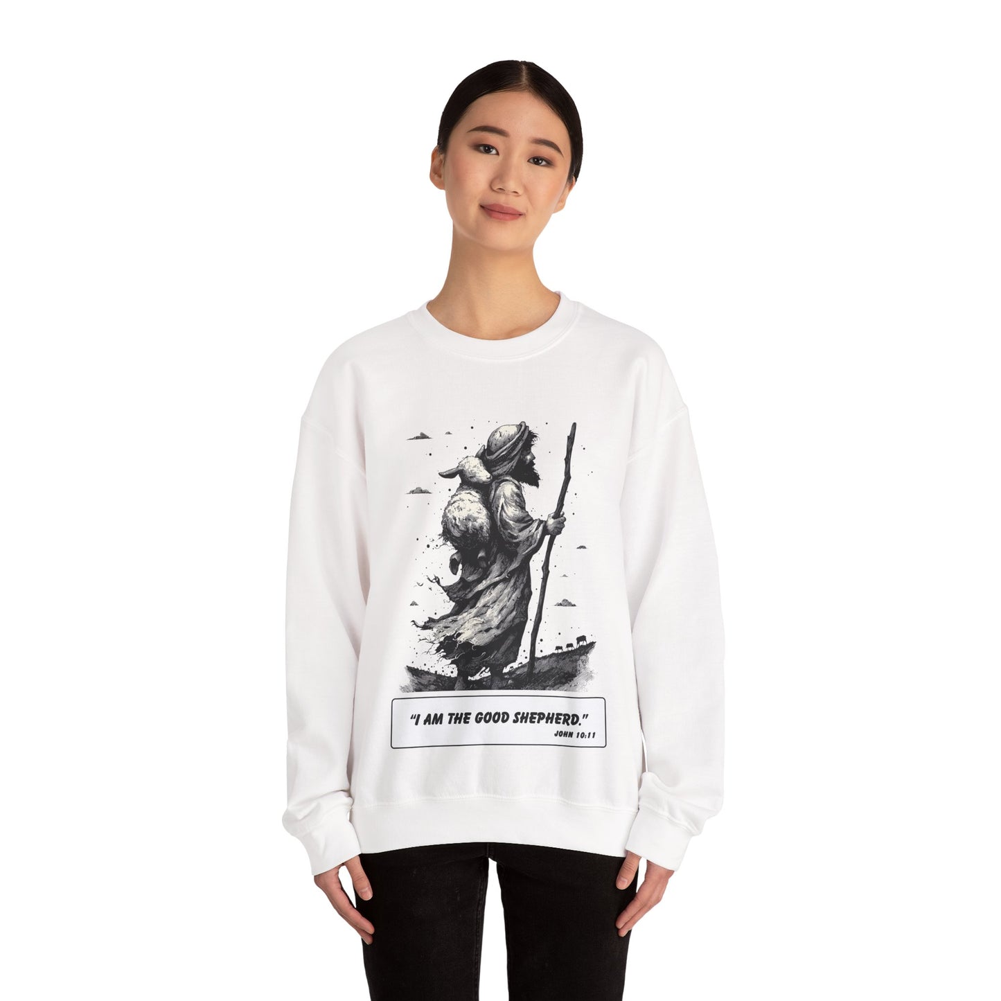 Good Shepherd Sweater – Black & White Faith Ink Panel (John 10:11)