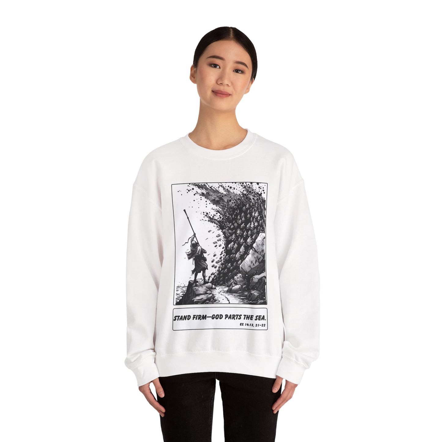 Red Sea (Staff Raised) Sweater – Black & White Faith Ink Panel (Ex 14:14)