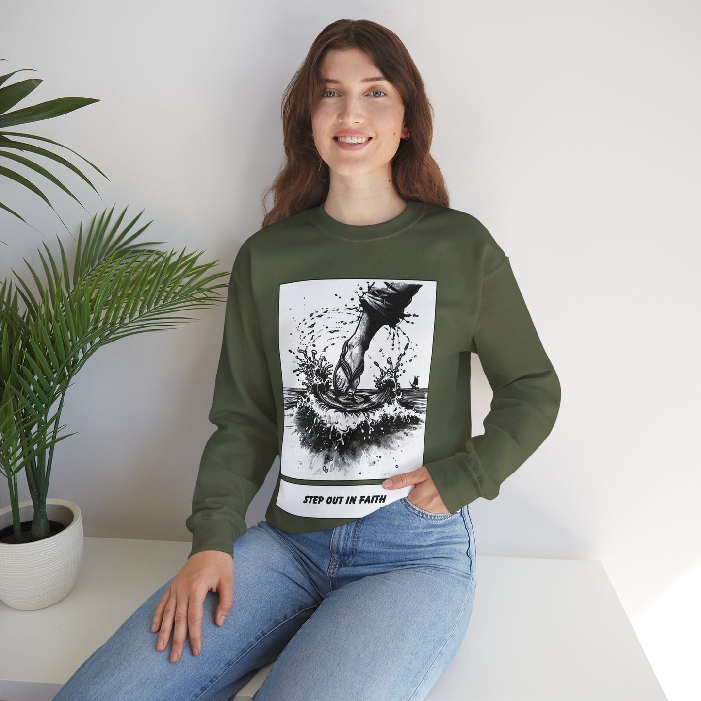 Walking on Water Sweater – Black & White Faith Ink Panel (Matt 14:29)
