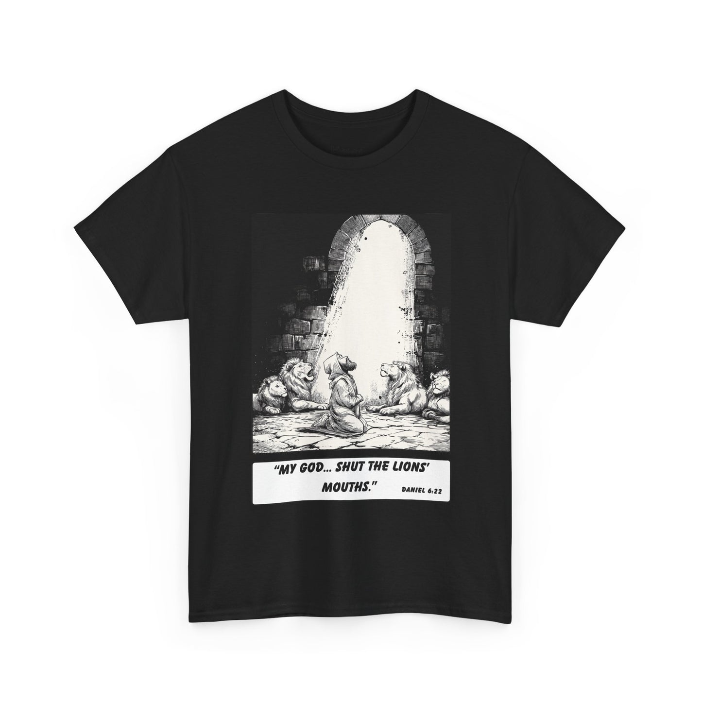 Daniel in the Lions’ Den Tee – Black & White Faith Ink Panel (Dan 6:22)