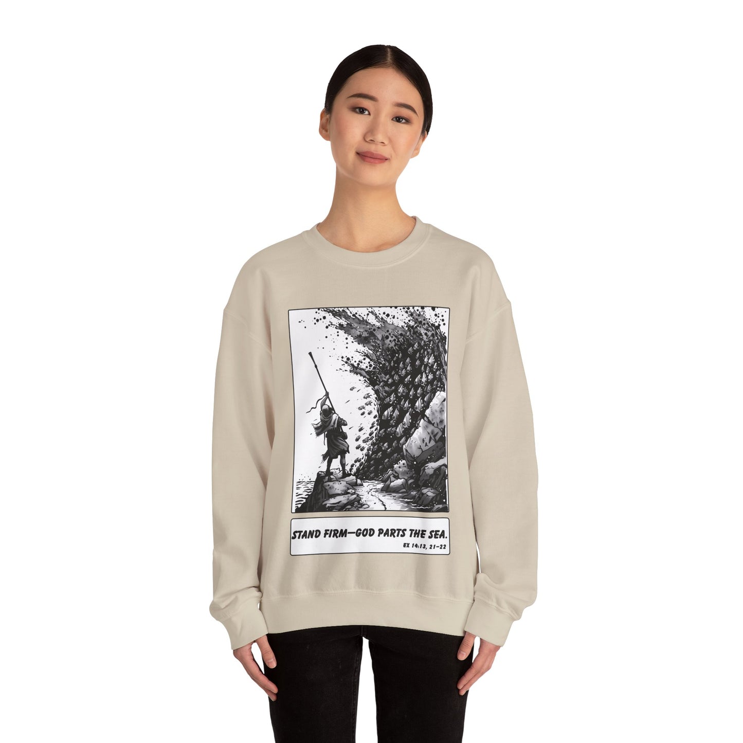 Red Sea (Staff Raised) Sweater – Black & White Faith Ink Panel (Ex 14:14)