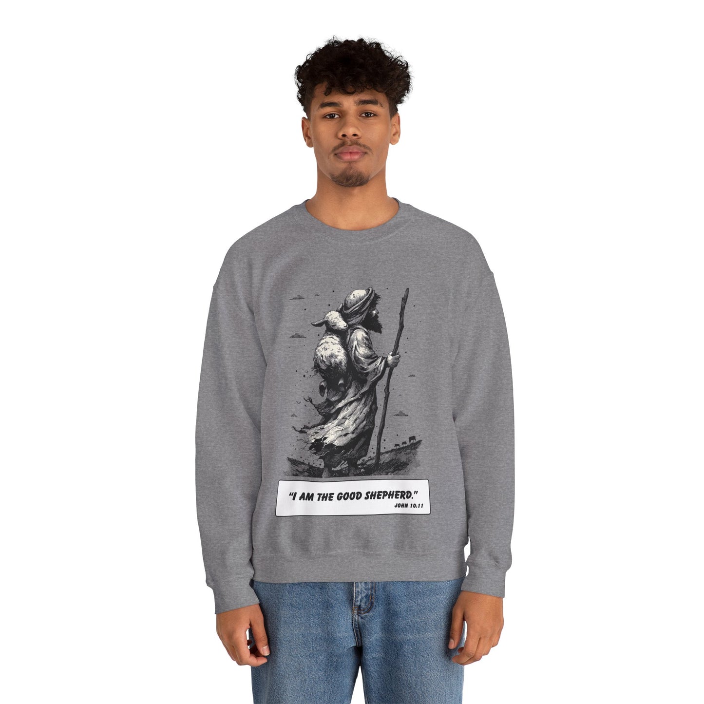 Good Shepherd Sweater – Black & White Faith Ink Panel (John 10:11)