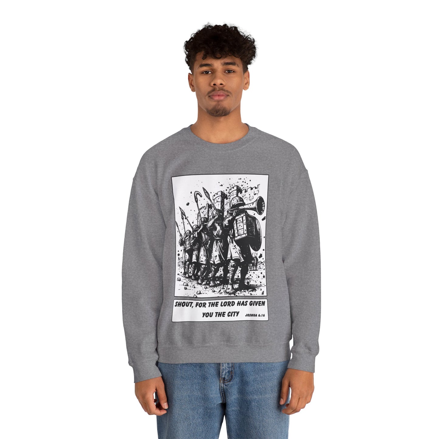 Jericho Sweater – Black & White Faith Ink Panel (Josh 6:16)