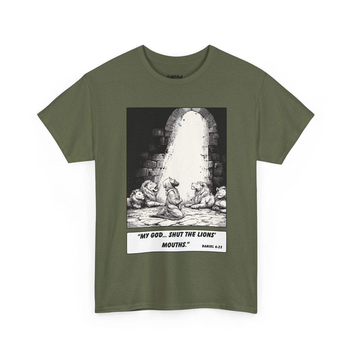 Daniel in the Lions’ Den Tee – Black & White Faith Ink Panel (Dan 6:22)
