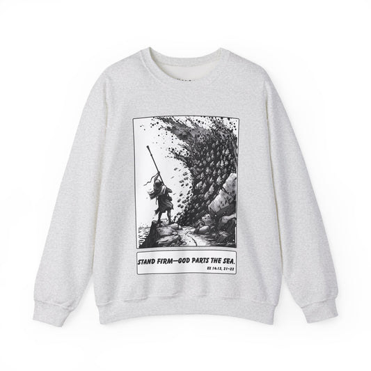 Red Sea (Staff Raised) Sweater – Black & White Faith Ink Panel (Ex 14:14)