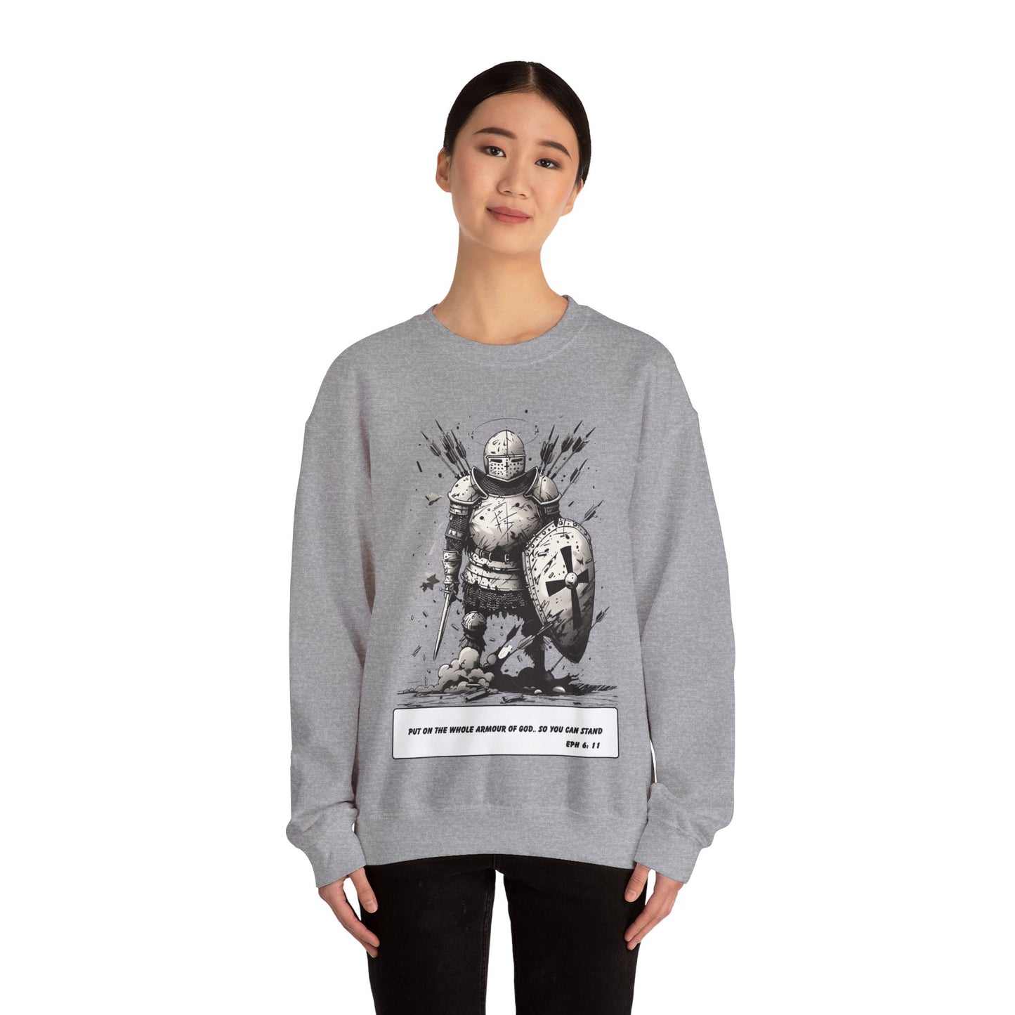 Whole Armor of God Sweater – Black & White Faith Ink Panel (Eph 6:11)