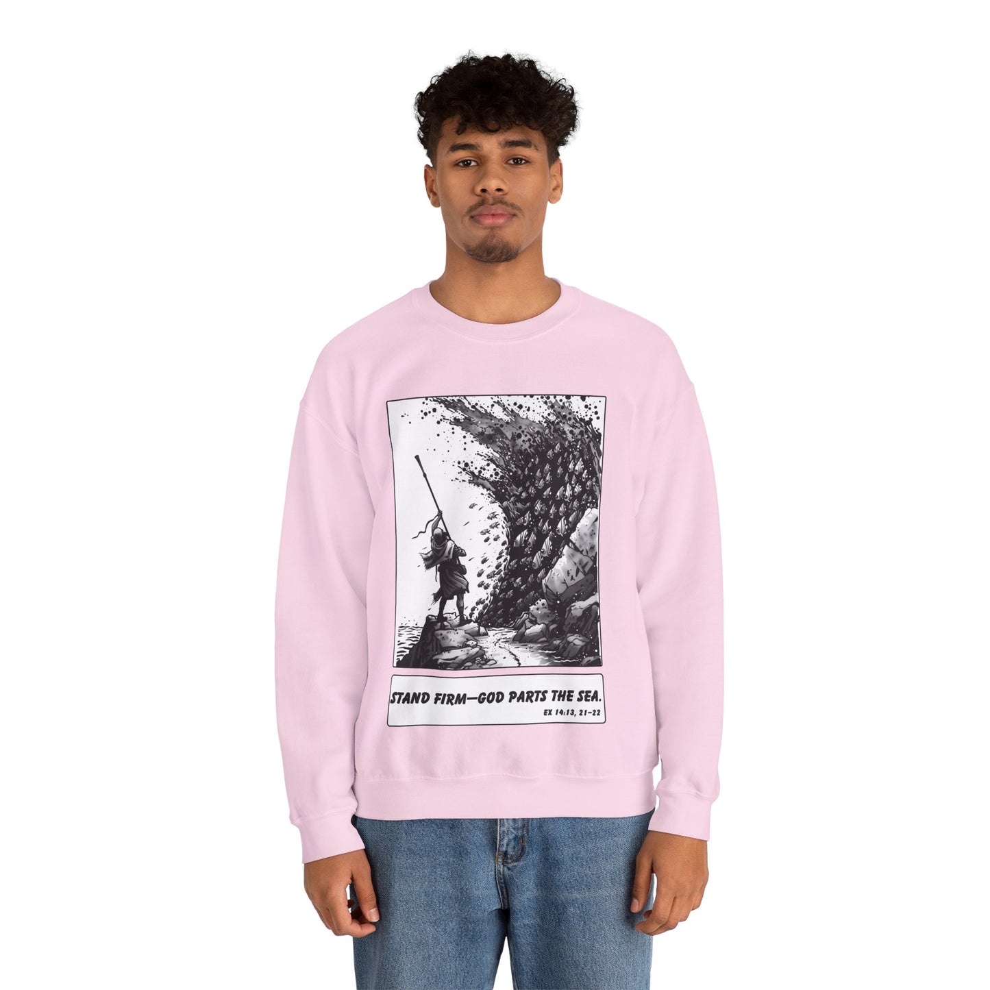 Red Sea (Staff Raised) Sweater – Black & White Faith Ink Panel (Ex 14:14)