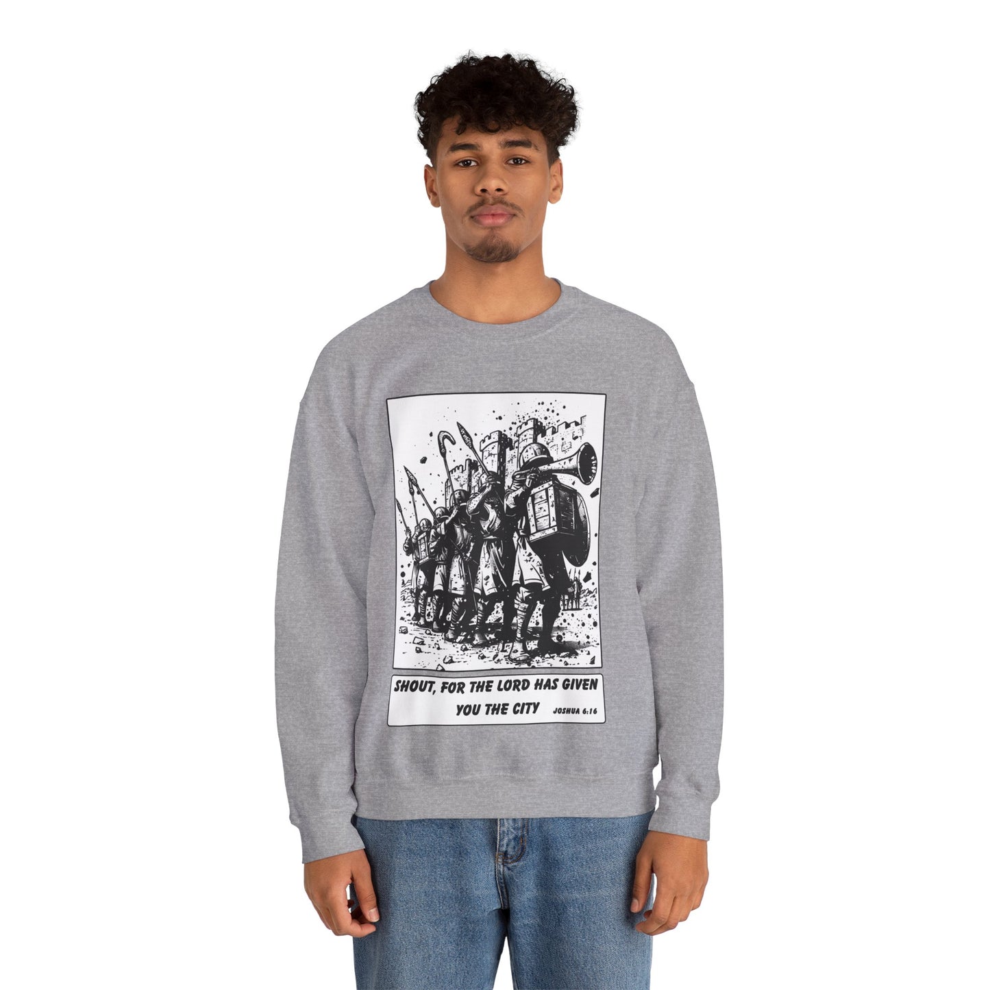 Jericho Sweater – Black & White Faith Ink Panel (Josh 6:16)