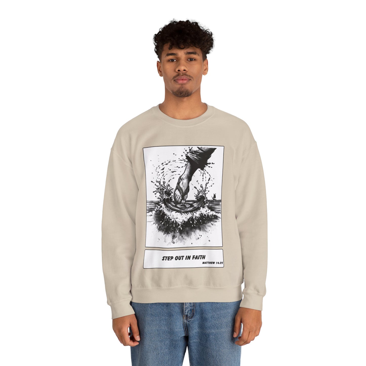 Walking on Water Sweater – Black & White Faith Ink Panel (Matt 14:29)
