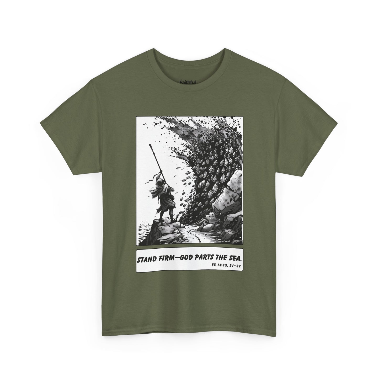 Moses & The Red Sea Staff Raised Tee – Black & White Faith Ink Panel (Ex 14:14)