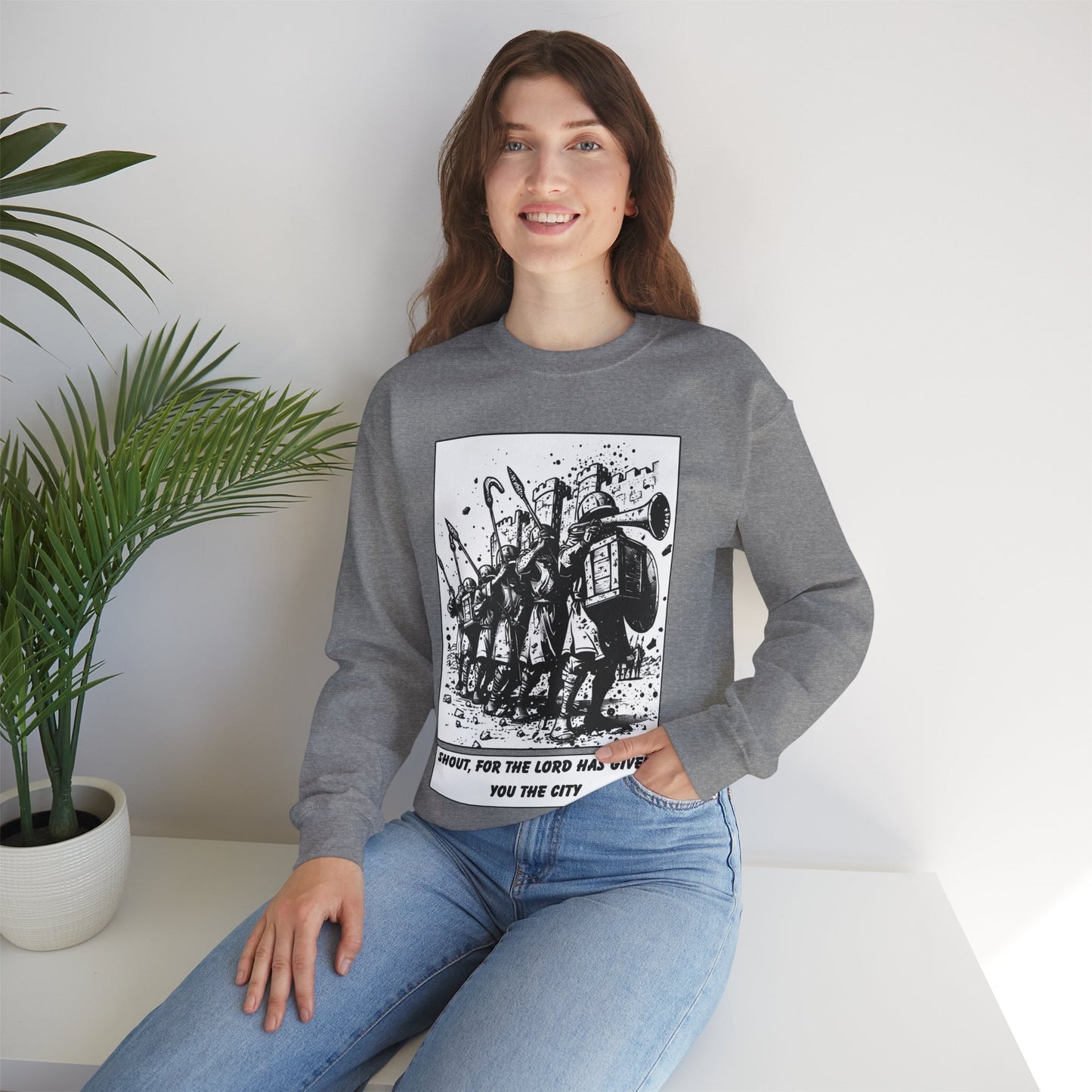 Jericho Sweater – Black & White Faith Ink Panel (Josh 6:16)