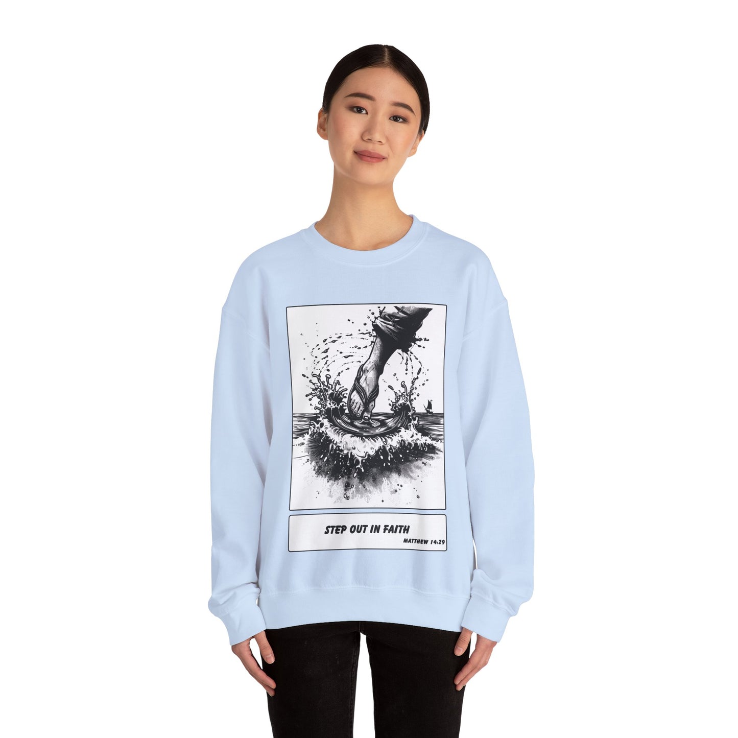 Walking on Water Sweater – Black & White Faith Ink Panel (Matt 14:29)