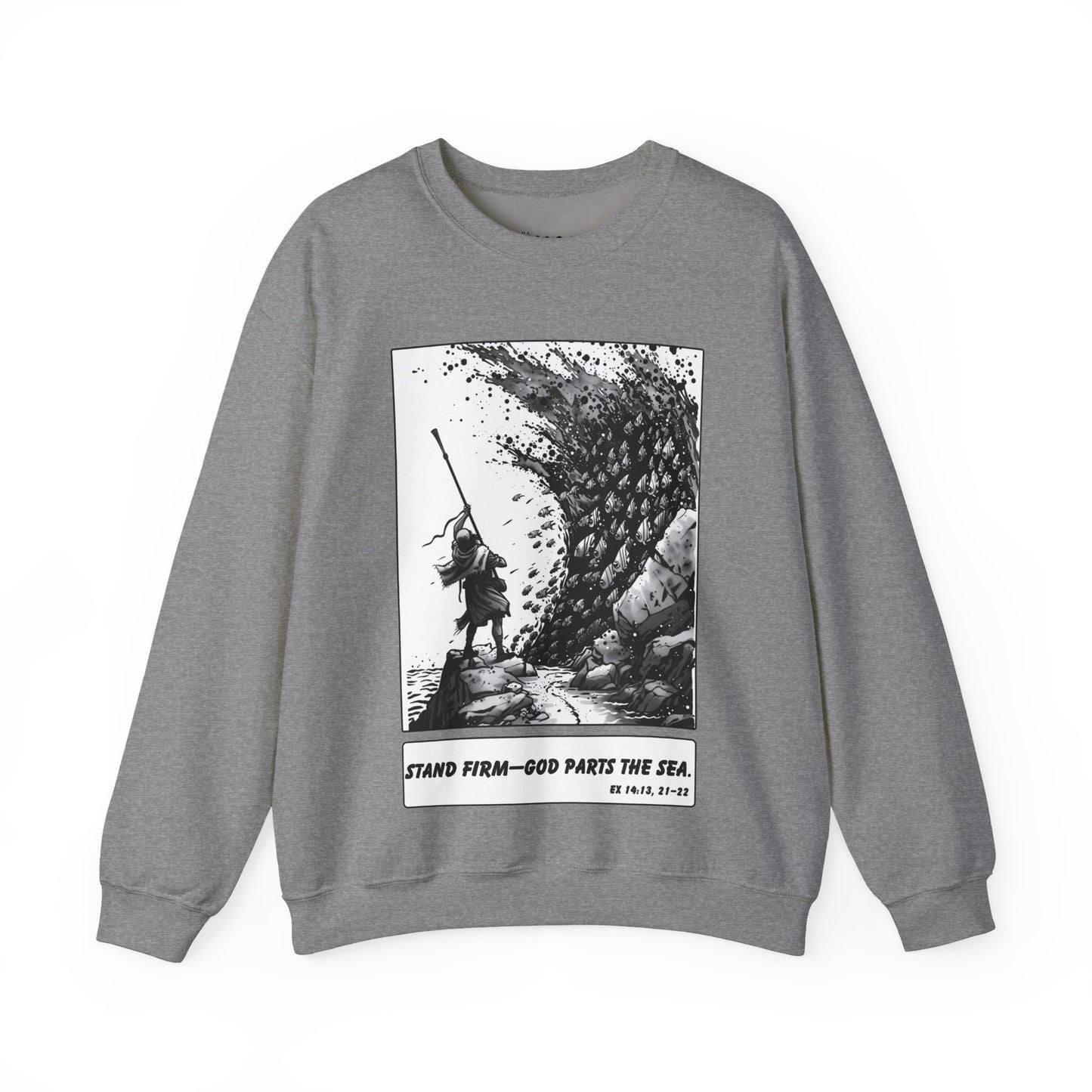 Red Sea (Staff Raised) Sweater – Black & White Faith Ink Panel (Ex 14:14)
